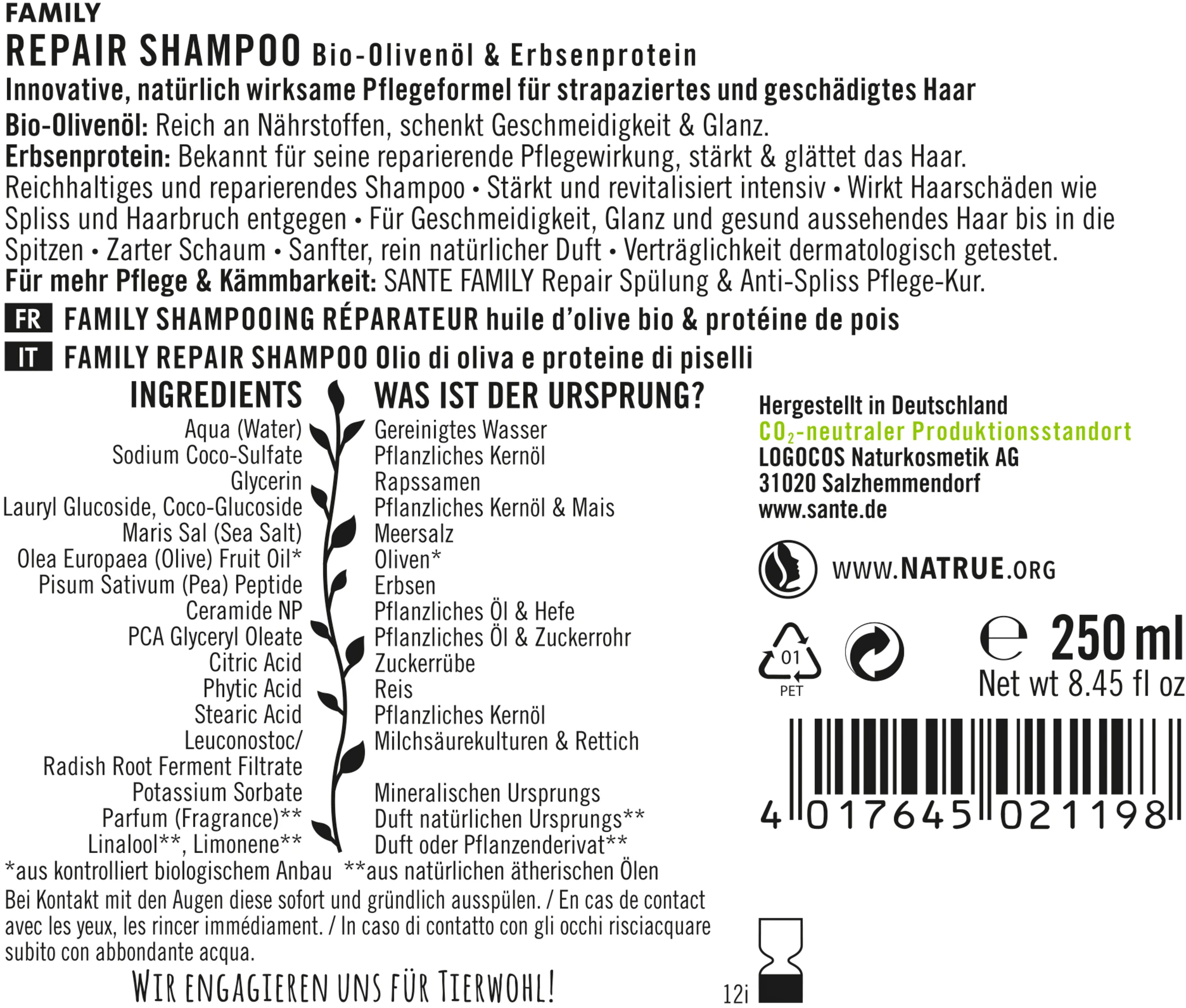 Sante FAMILY Repair Shampoo Bio-Olivenöl & Erbsenprotein 2 Sante FAMILY Repair Shampoo Bio-Olivenöl & Erbsenprotein - Image 2